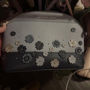 Michael Kors Blue and Silver Floral Cosmetic Bag